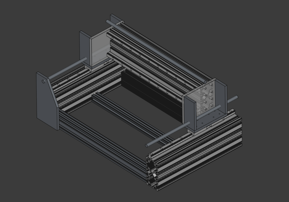 Isometric view in Freecad for the a cnc with moving gantry based on the Cnc made by Cody Lammer, you can check is youtube channel. The machine seems really good and efficient